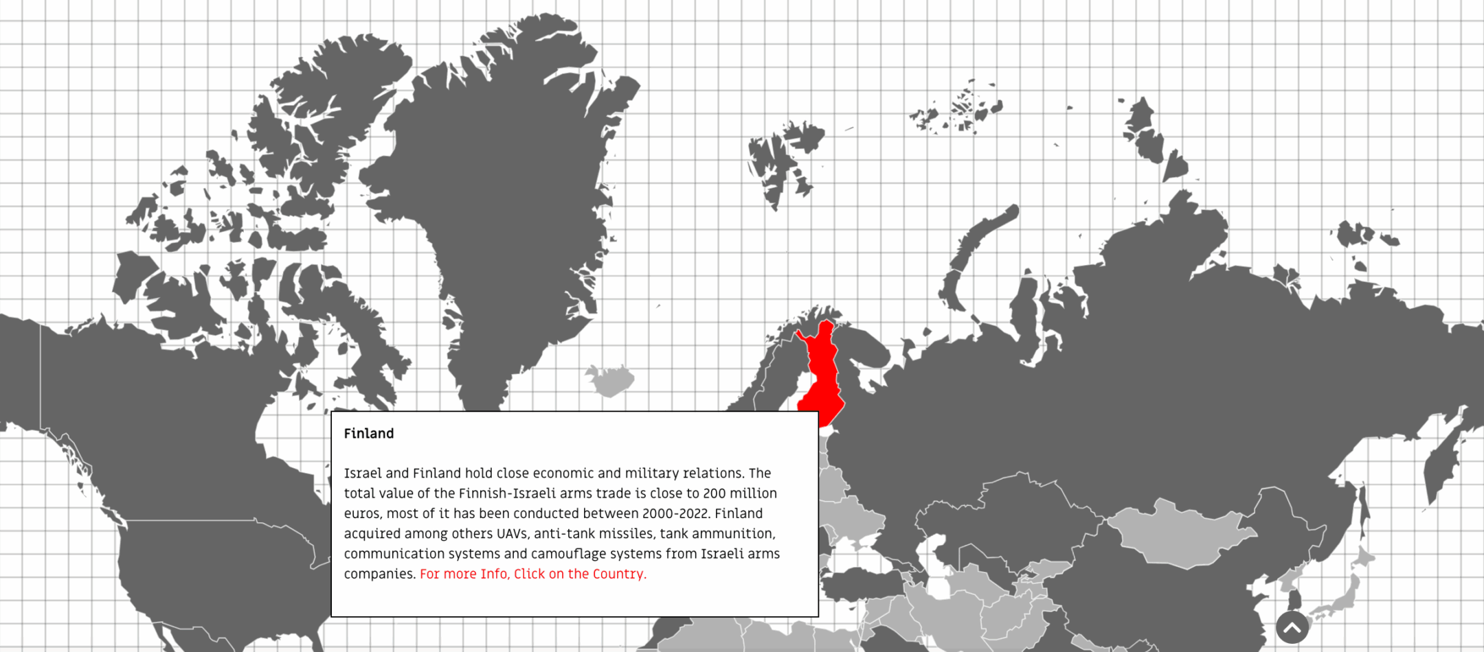 Karttakuva, jossa Suomi punaisella, ja kuvattu tekstillä lyhyesti Suomen ja Israelin välistä asekauppaa. Kuva on kuvituskuva.
